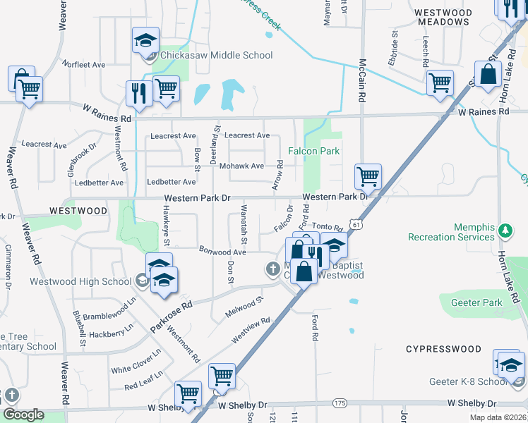map of restaurants, bars, coffee shops, grocery stores, and more near 597 Western Park Drive in Memphis