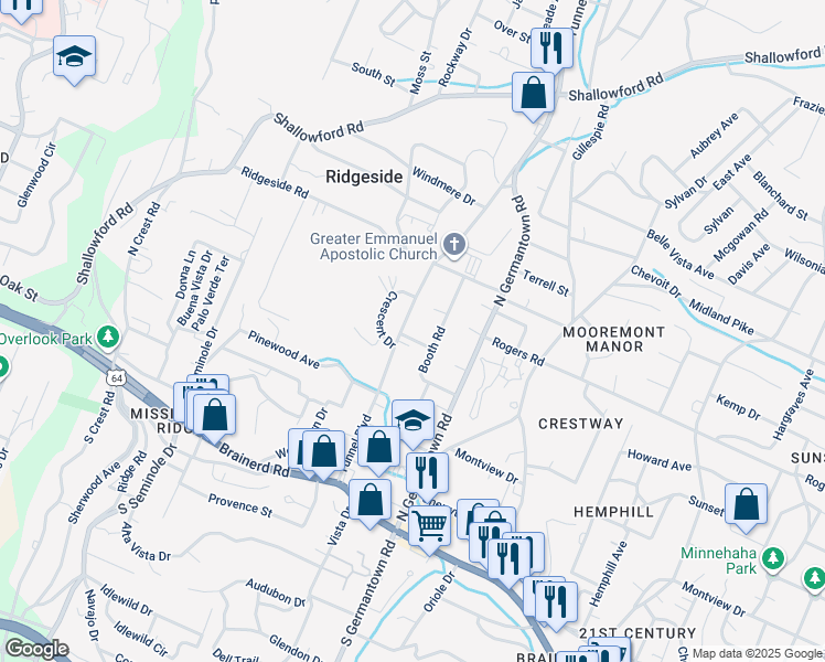 map of restaurants, bars, coffee shops, grocery stores, and more near 302 Tunnel Boulevard in Chattanooga