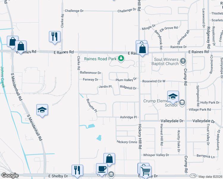 map of restaurants, bars, coffee shops, grocery stores, and more near 5764 Jardin Place in Memphis