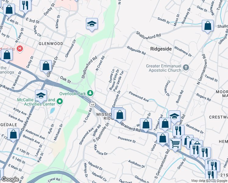 map of restaurants, bars, coffee shops, grocery stores, and more near 138 Palo Verde Drive in Chattanooga