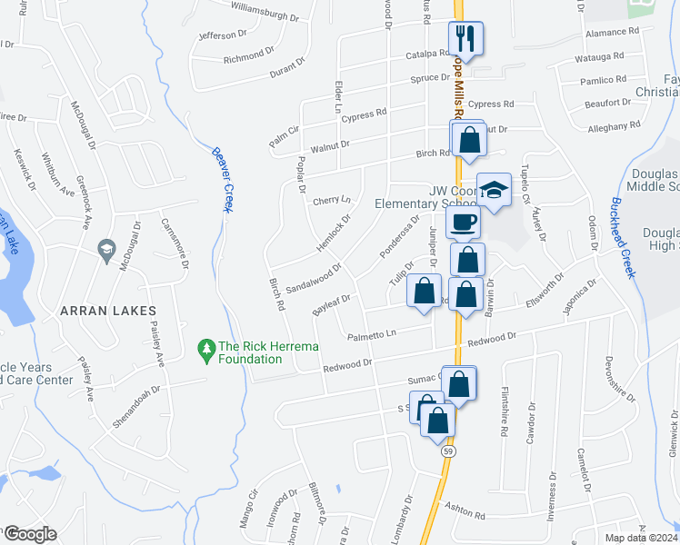 map of restaurants, bars, coffee shops, grocery stores, and more near 1003 Sandalwood Drive in Fayetteville