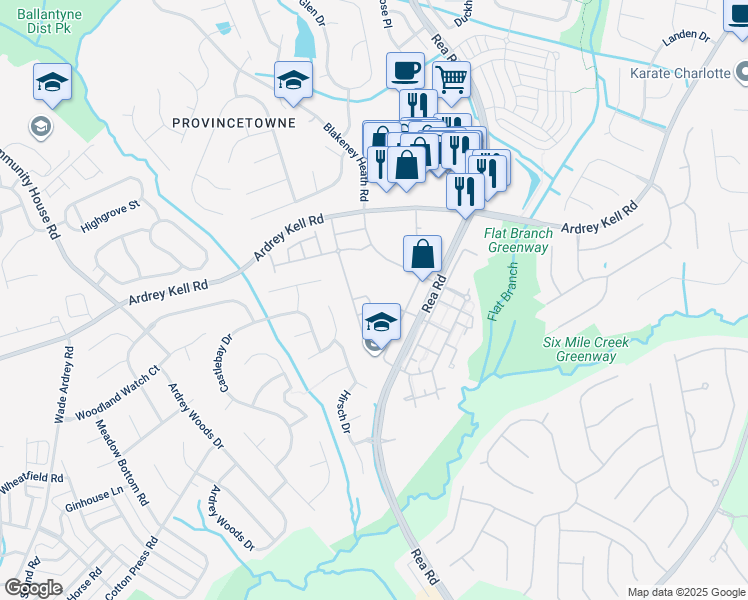 map of restaurants, bars, coffee shops, grocery stores, and more near 8948 Kirkley View Court in Charlotte