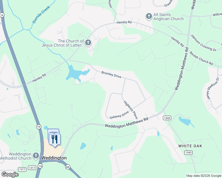 map of restaurants, bars, coffee shops, grocery stores, and more near 1210 Delaney Drive in Matthews