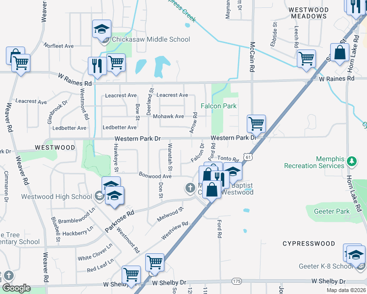 map of restaurants, bars, coffee shops, grocery stores, and more near 597 Western Park Drive in Memphis