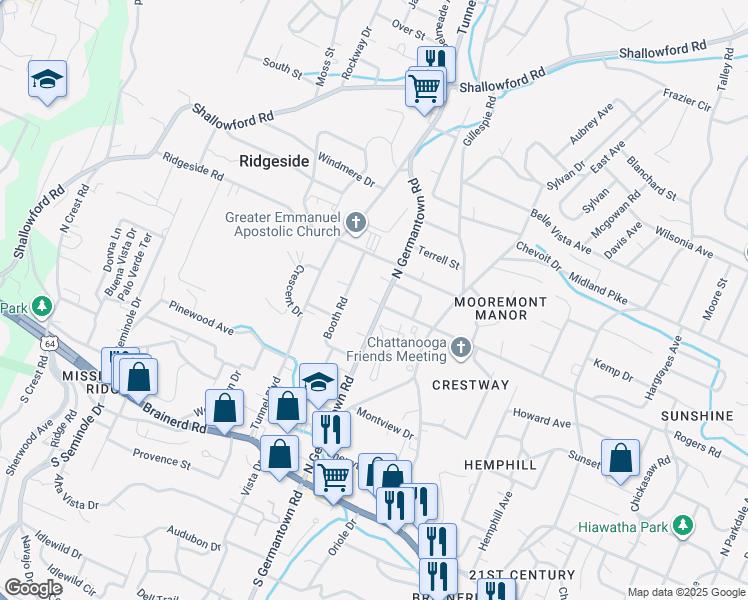 map of restaurants, bars, coffee shops, grocery stores, and more near 3531 Rogers Road in Chattanooga