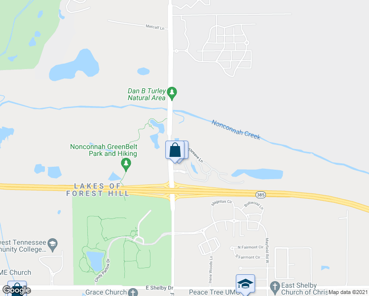 map of restaurants, bars, coffee shops, grocery stores, and more near Thornbury Boulevard in Memphis