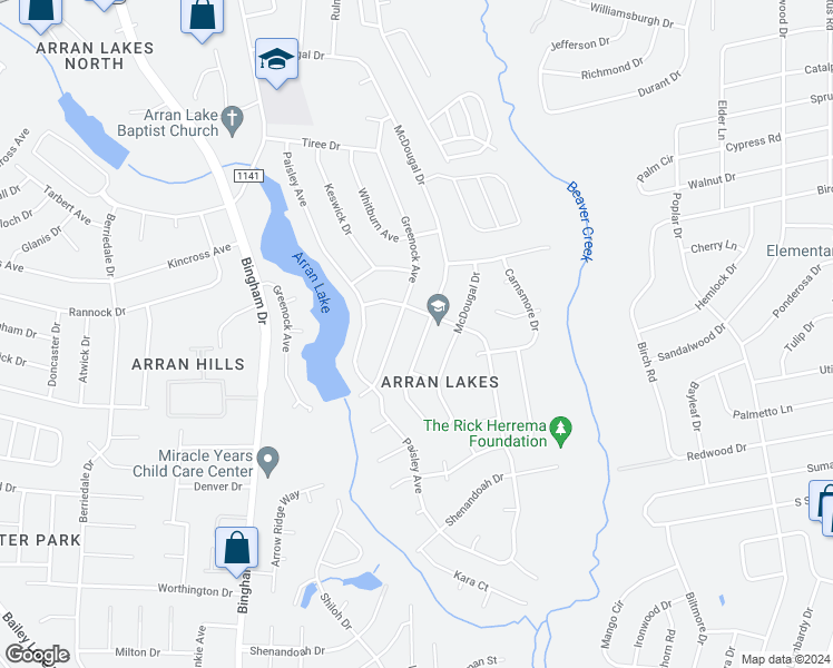 map of restaurants, bars, coffee shops, grocery stores, and more near 5809 McDougal Drive in Fayetteville