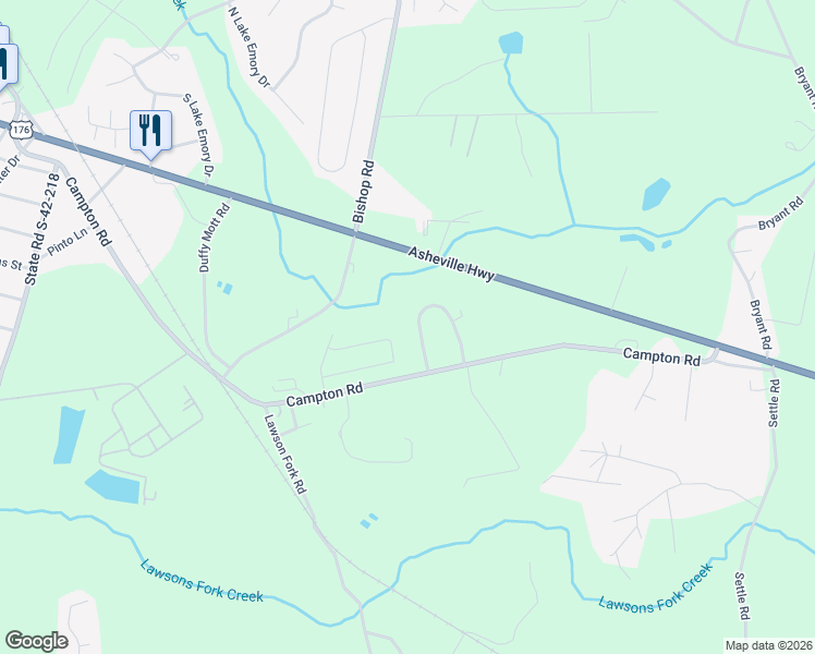 map of restaurants, bars, coffee shops, grocery stores, and more near 125 State Road S-42-2895 in Inman