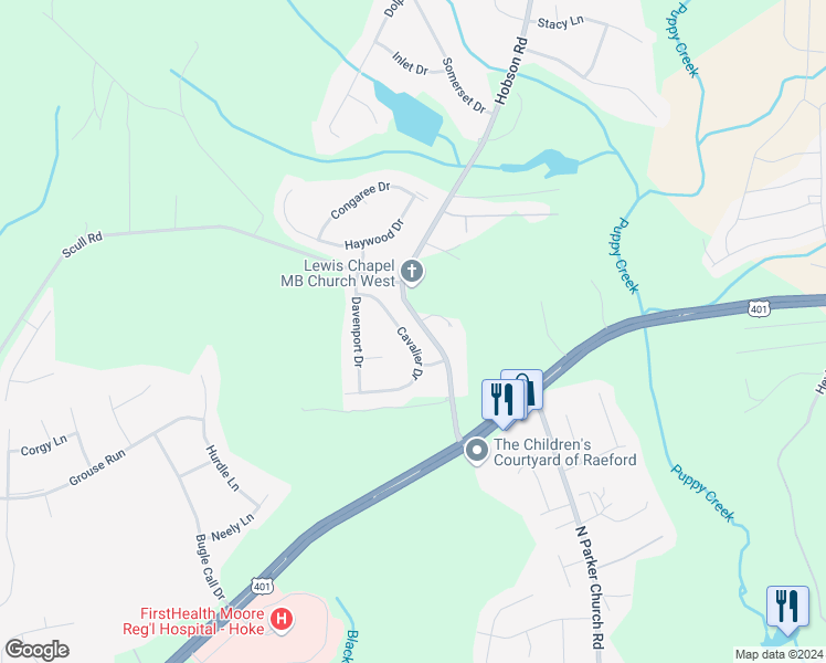 map of restaurants, bars, coffee shops, grocery stores, and more near 131 Cavalier Drive in Raeford