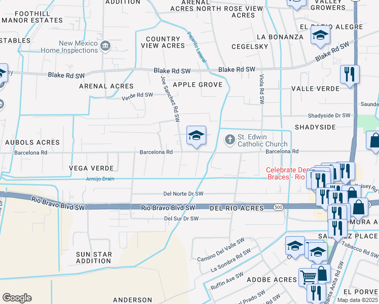 map of restaurants, bars, coffee shops, grocery stores, and more near 2353 Barcelona Road in Albuquerque