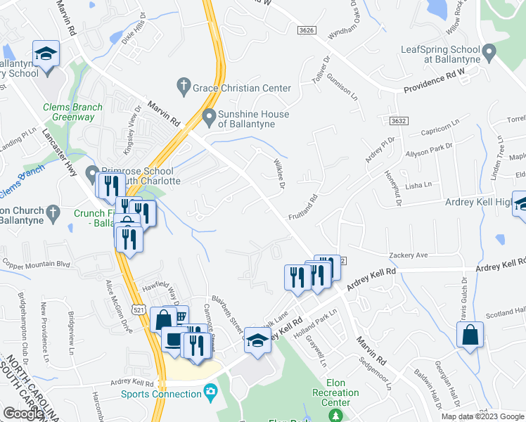 map of restaurants, bars, coffee shops, grocery stores, and more near 16324 Marvin Road in Charlotte