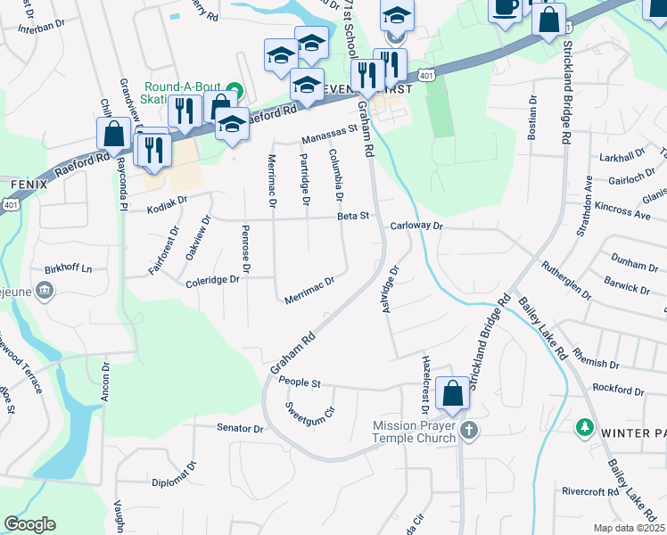 map of restaurants, bars, coffee shops, grocery stores, and more near 2021 Merrimac Drive in Fayetteville
