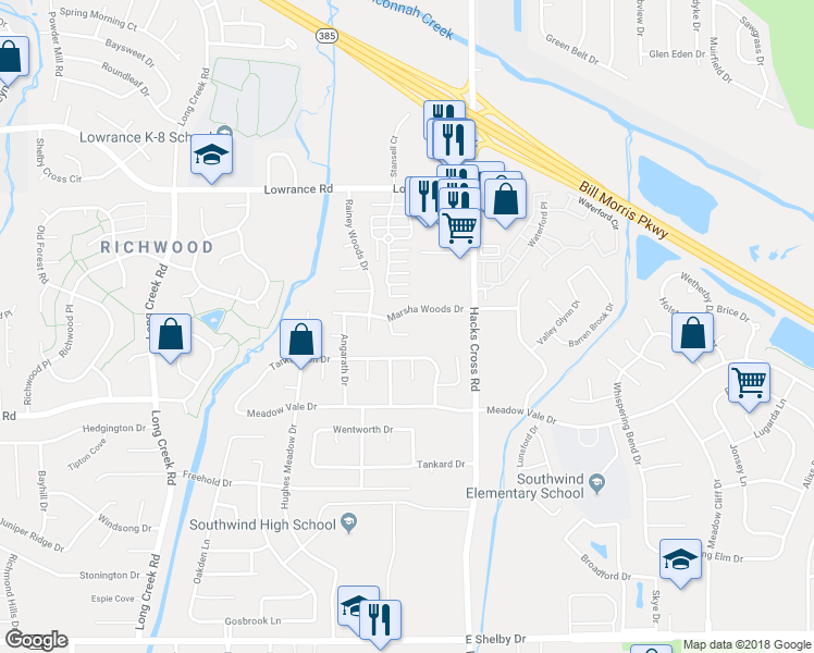 map of restaurants, bars, coffee shops, grocery stores, and more near 4346 Barry Meadows Cove in Memphis