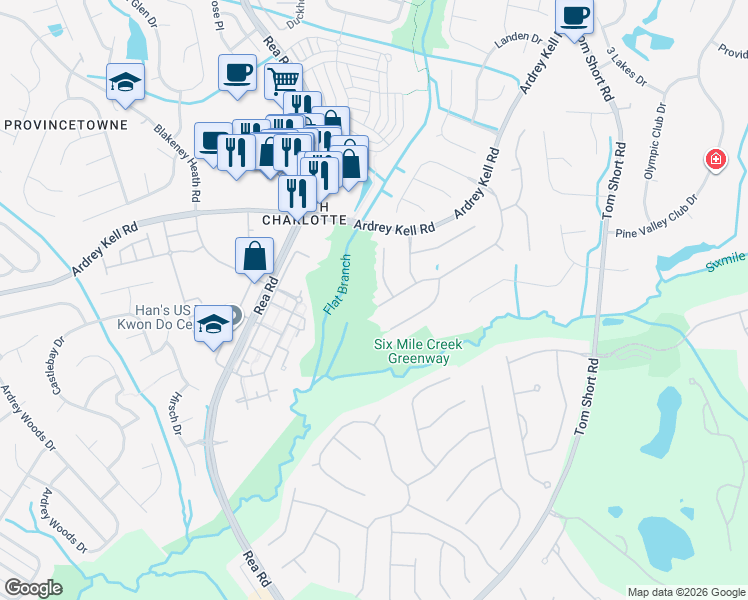 map of restaurants, bars, coffee shops, grocery stores, and more near 12444 Covington Court in Charlotte