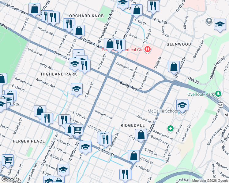 map of restaurants, bars, coffee shops, grocery stores, and more near in Chattanooga