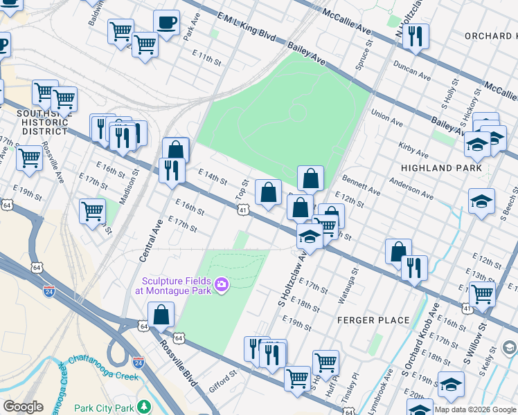 map of restaurants, bars, coffee shops, grocery stores, and more near 1111 East 14th Street in Chattanooga