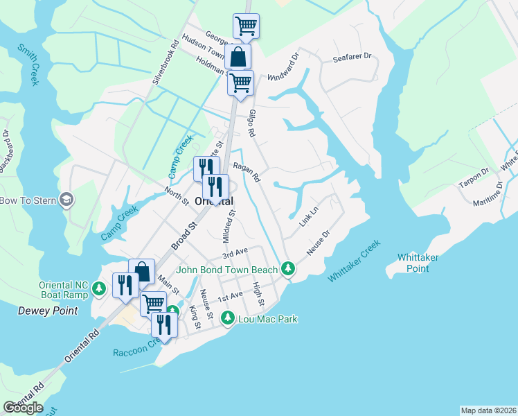 map of restaurants, bars, coffee shops, grocery stores, and more near 505 Ragan Rd in Oriental