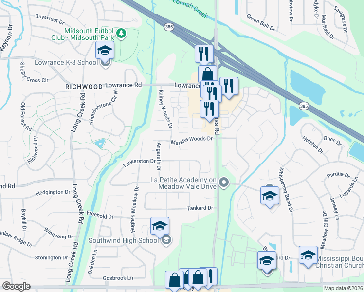 map of restaurants, bars, coffee shops, grocery stores, and more near 7922 Marsha Woods Drive in Memphis