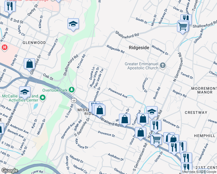 map of restaurants, bars, coffee shops, grocery stores, and more near 3301 Pinewood Avenue in Chattanooga