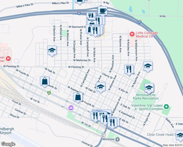 map of restaurants, bars, coffee shops, grocery stores, and more near 517 West Cherry Street in Winslow