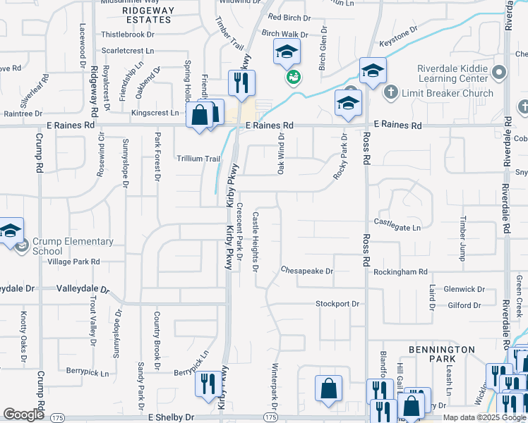 map of restaurants, bars, coffee shops, grocery stores, and more near 4305 Castle Heights Drive in Memphis