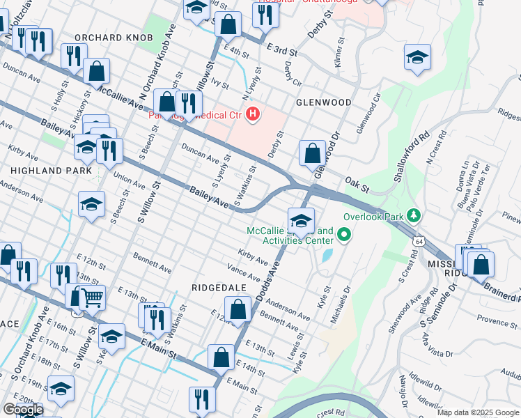 map of restaurants, bars, coffee shops, grocery stores, and more near 508 Buckley Street in Chattanooga