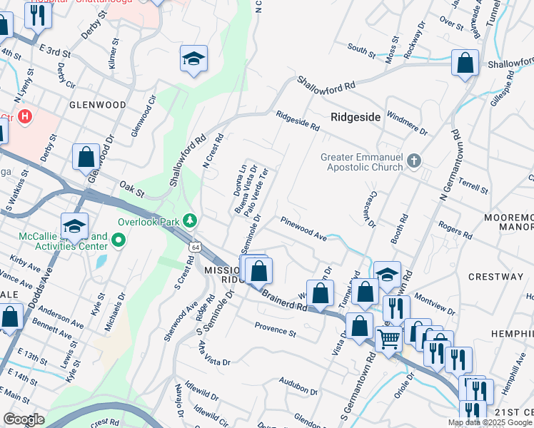 map of restaurants, bars, coffee shops, grocery stores, and more near 3301 Pinewood Avenue in Chattanooga