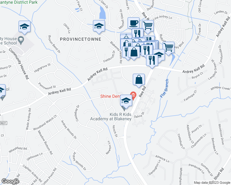 map of restaurants, bars, coffee shops, grocery stores, and more near 10206 Blakeney Preserve Drive in Charlotte