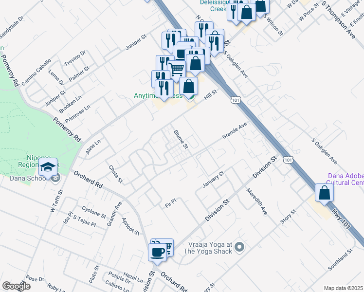 map of restaurants, bars, coffee shops, grocery stores, and more near 717 Kelly Court in Nipomo