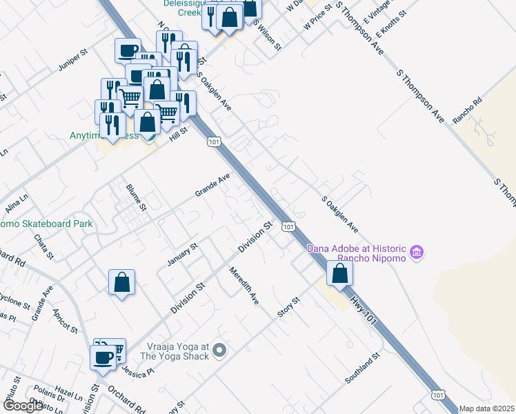 map of restaurants, bars, coffee shops, grocery stores, and more near 395 Skylark Lane in Nipomo