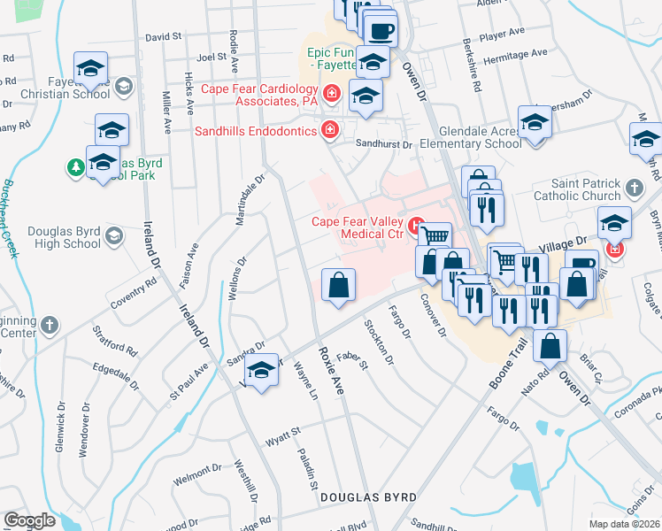 map of restaurants, bars, coffee shops, grocery stores, and more near 3521 Thomas Drive in Fayetteville