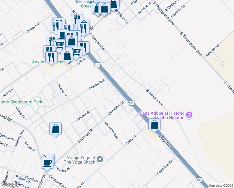 map of restaurants, bars, coffee shops, grocery stores, and more near 395 Skylark Lane in Nipomo
