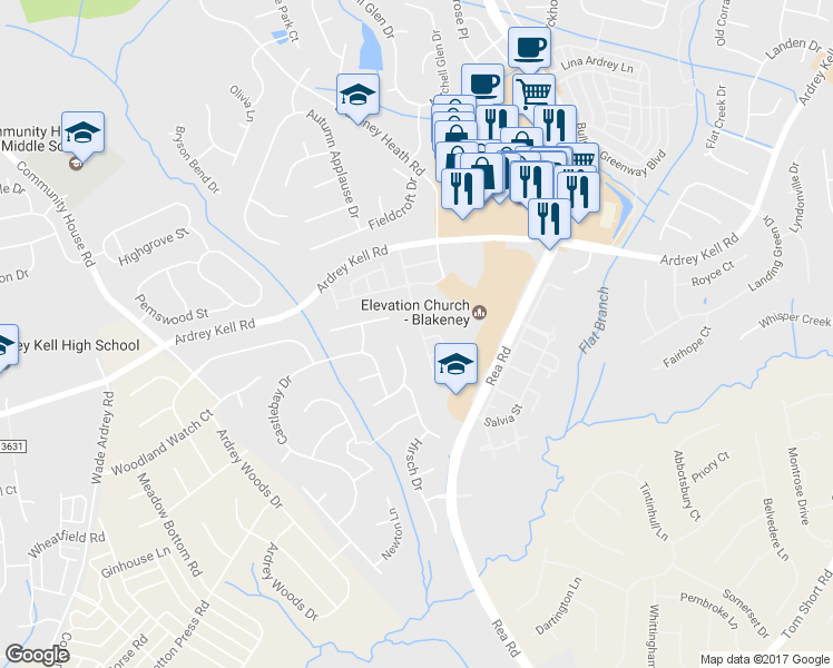 map of restaurants, bars, coffee shops, grocery stores, and more near 10206 Blakeney Preserve Drive in Charlotte