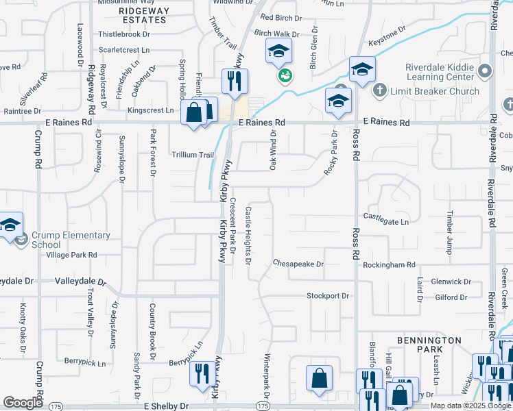 map of restaurants, bars, coffee shops, grocery stores, and more near 4305 Castle Heights Drive in Memphis