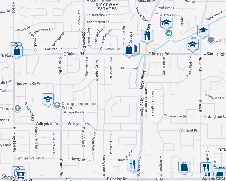 map of restaurants, bars, coffee shops, grocery stores, and more near 4309 Park Forest Drive in Memphis