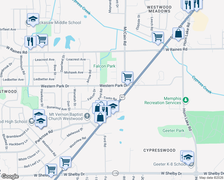 map of restaurants, bars, coffee shops, grocery stores, and more near 507 Western Park Drive in Memphis