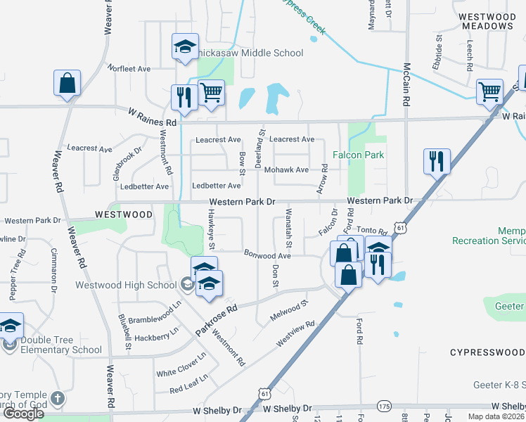 map of restaurants, bars, coffee shops, grocery stores, and more near 685 Western Park Drive in Memphis