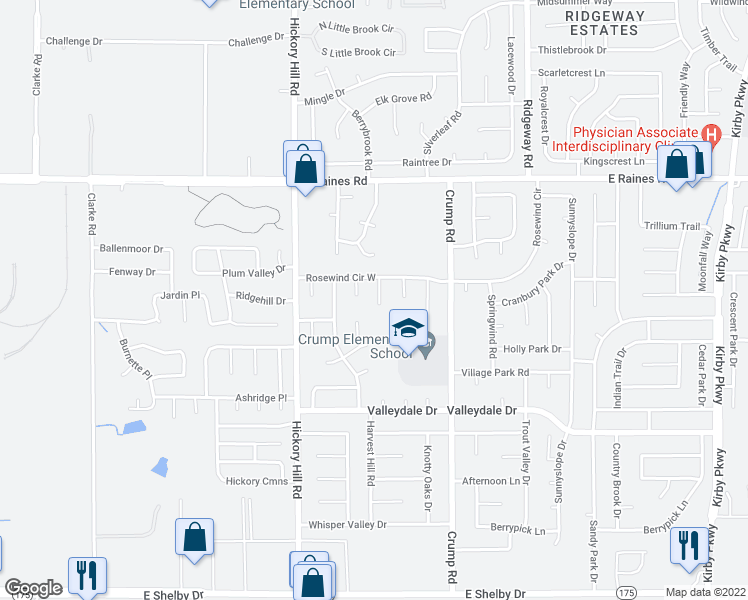 map of restaurants, bars, coffee shops, grocery stores, and more near 4319 Harvest Hill Road in Memphis