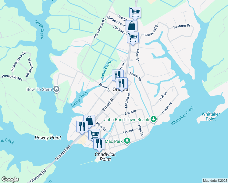 map of restaurants, bars, coffee shops, grocery stores, and more near 502 North Street in Oriental