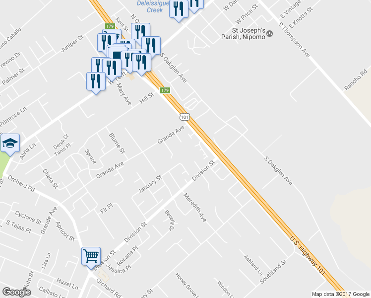 map of restaurants, bars, coffee shops, grocery stores, and more near 386 Avenida De Amigos in Nipomo