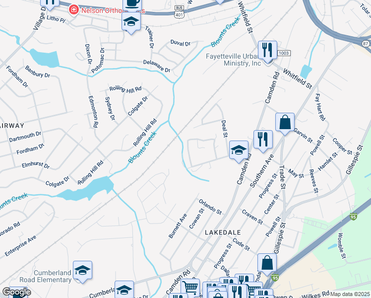 map of restaurants, bars, coffee shops, grocery stores, and more near 1612 Stonewood Drive in Fayetteville