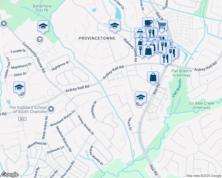 map of restaurants, bars, coffee shops, grocery stores, and more near 9016 Fairbridge Road in Charlotte