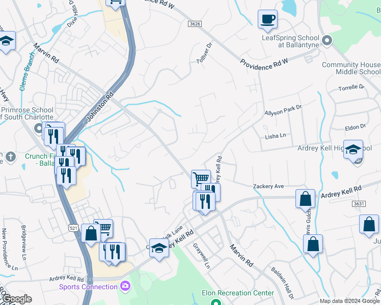 map of restaurants, bars, coffee shops, grocery stores, and more near 10908 Fruitland Road in Charlotte
