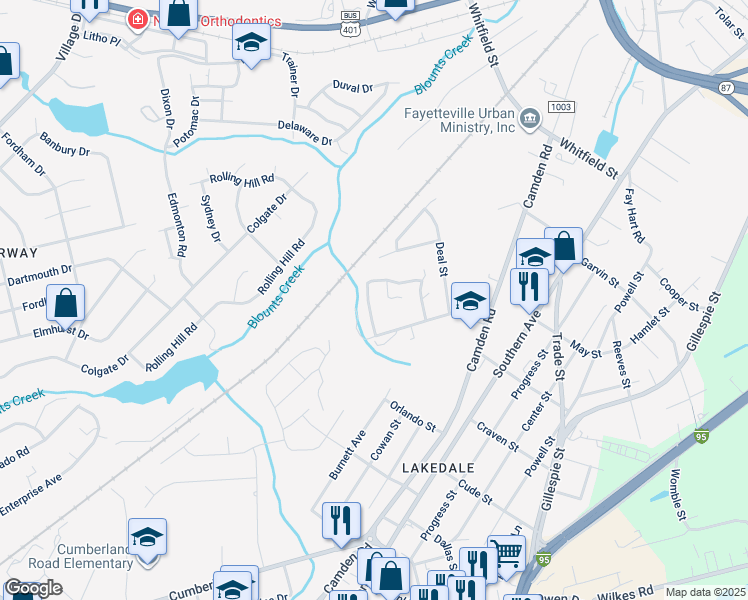 map of restaurants, bars, coffee shops, grocery stores, and more near 1611 Stonewood Drive in Fayetteville
