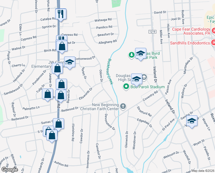 map of restaurants, bars, coffee shops, grocery stores, and more near 1019 Odom Drive in Fayetteville