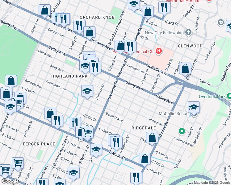 map of restaurants, bars, coffee shops, grocery stores, and more near 2108 Union Avenue in Chattanooga
