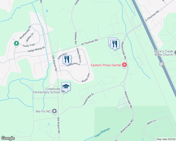 map of restaurants, bars, coffee shops, grocery stores, and more near 3232 Austin Avenue in New Bern