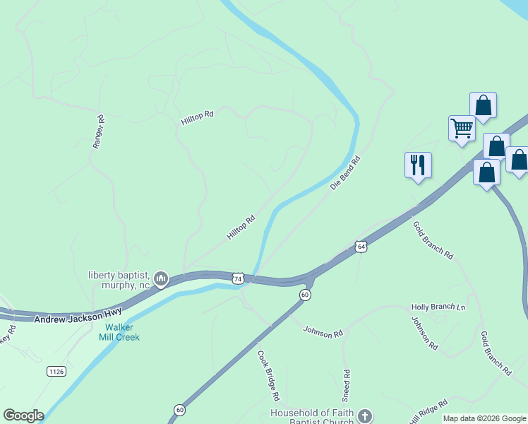 map of restaurants, bars, coffee shops, grocery stores, and more near 1415 Hilltop Road in Murphy