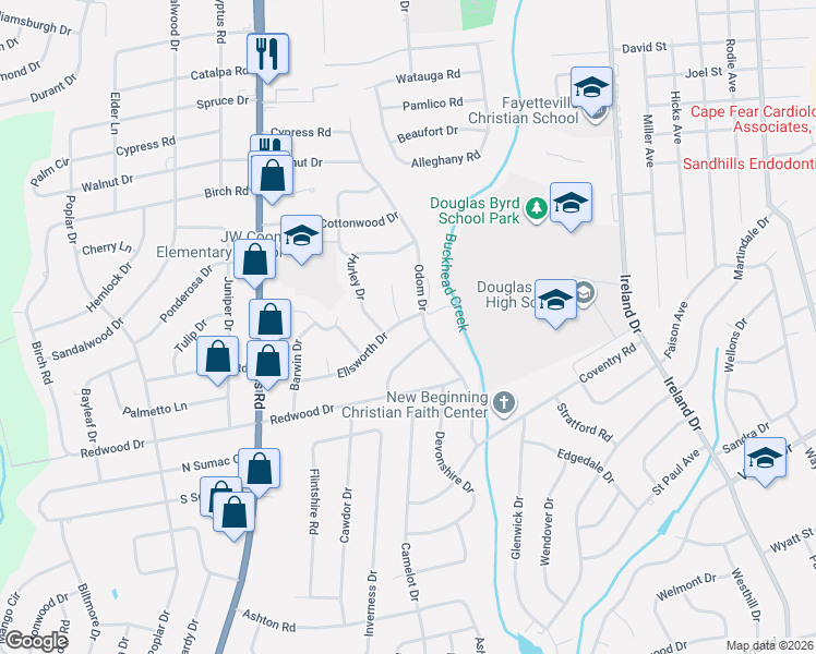 map of restaurants, bars, coffee shops, grocery stores, and more near 929-999 Wicker Ct in Fayetteville