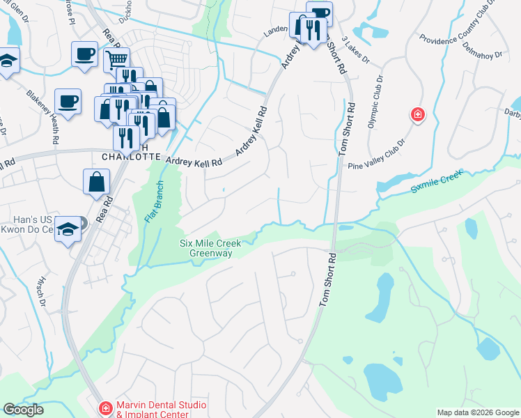 map of restaurants, bars, coffee shops, grocery stores, and more near 13221 Whisper Creek Drive in Charlotte